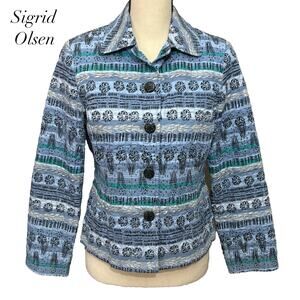 Sigrid Olsen Blue Floral Print Button Collared Quilted Jacket Blazer Size S
